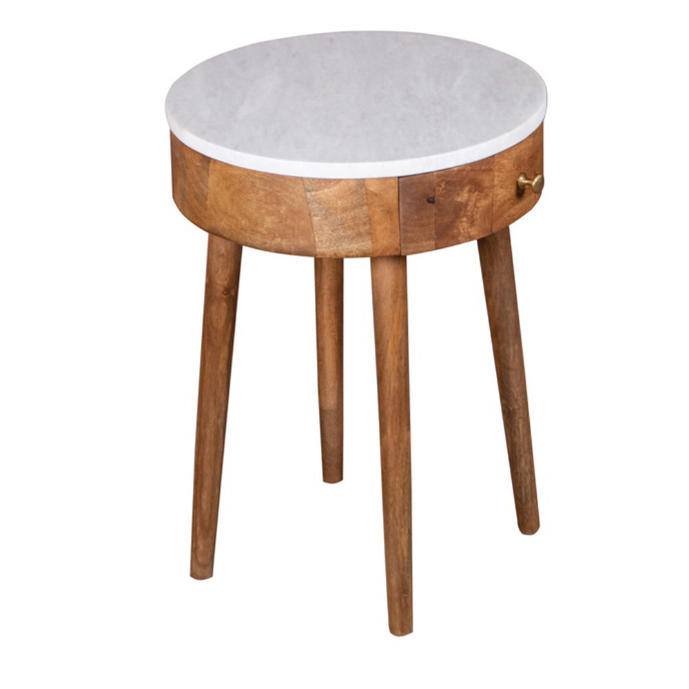 Round End Table with Faux Marble Top and Drawer