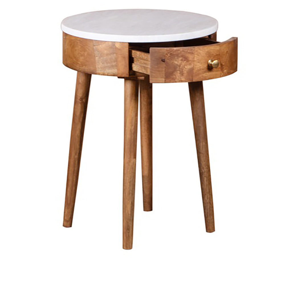 Round End Table with Faux Marble Top and Drawer