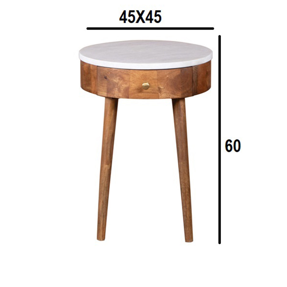 Round End Table with Faux Marble Top and Drawer