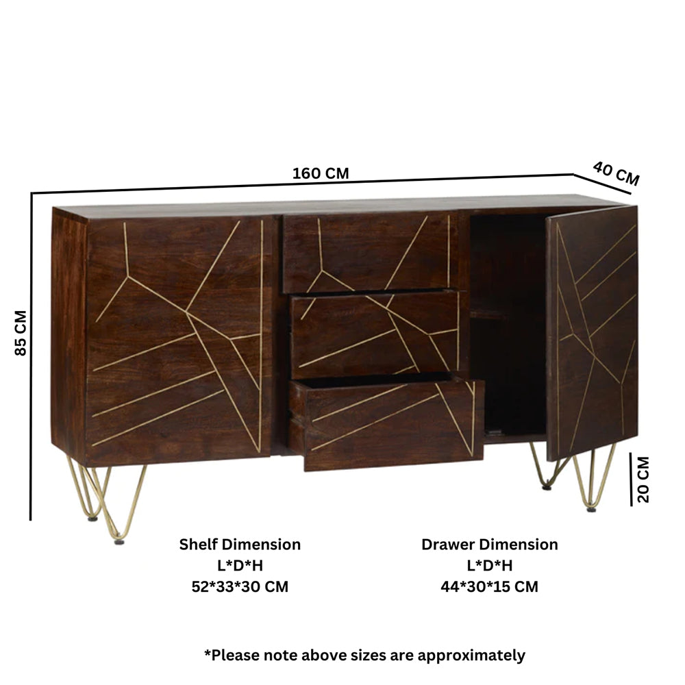Boston Dark Gold Extra Large Sideboard 3 Drawers And 2 Doors