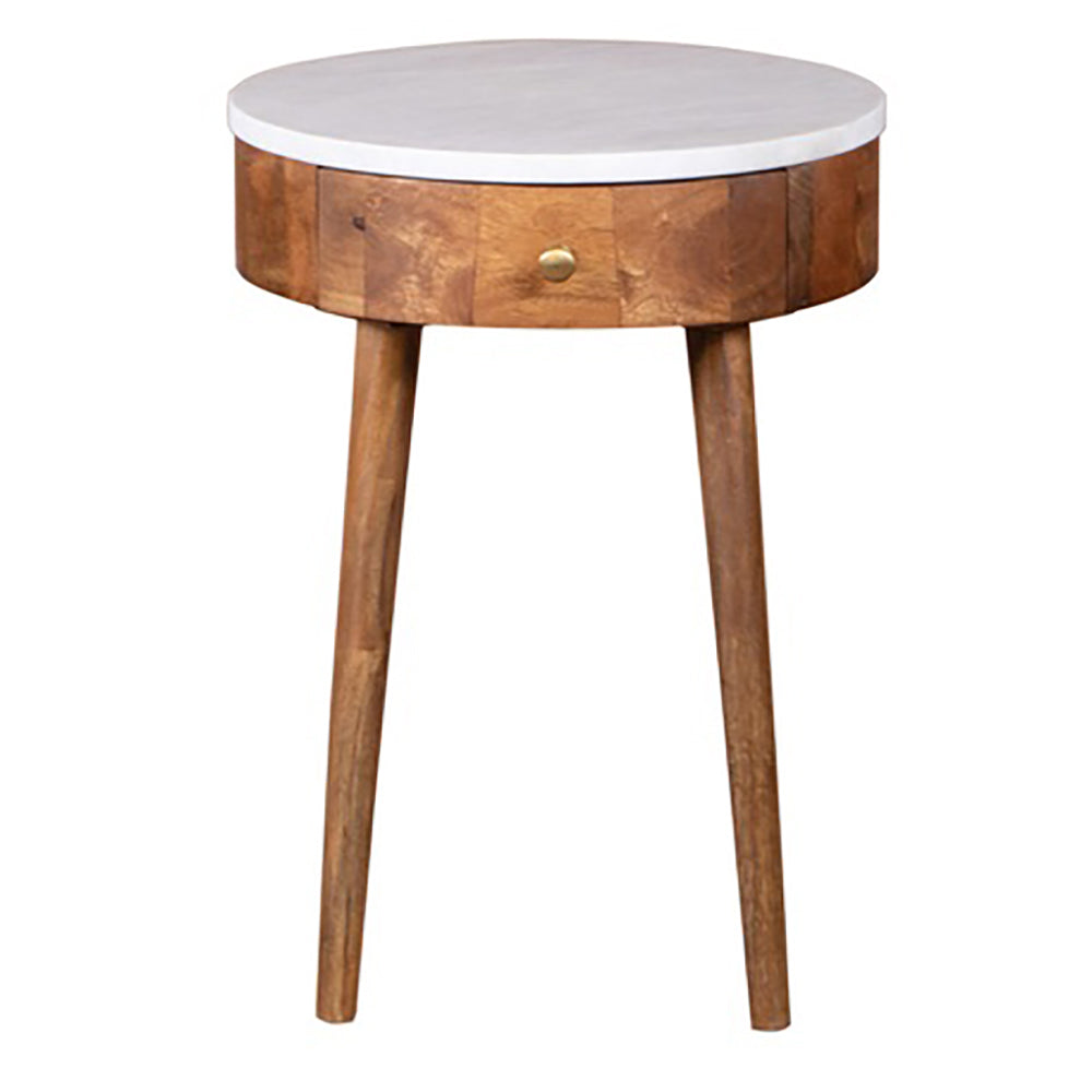 Round End Table with Faux Marble Top and Drawer