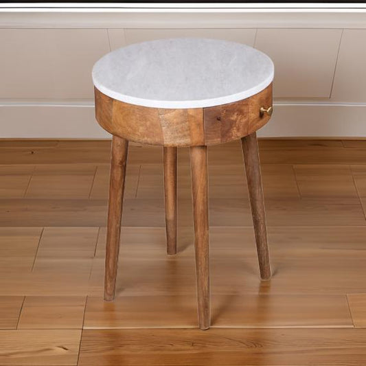 Round End Table with Faux Marble Top and Drawer