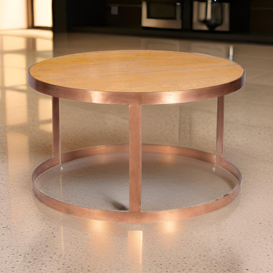 Handcrafted Bronze Metal Frame Round Coffee Table with Top Gold Marble