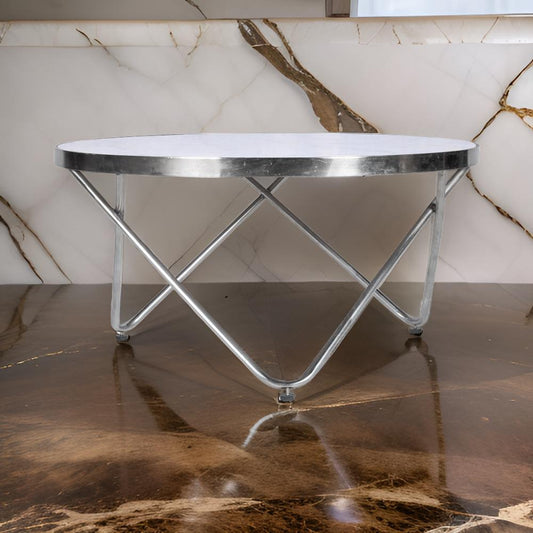 Handcrafted Metal Frame Coffee Table with Top White Marble