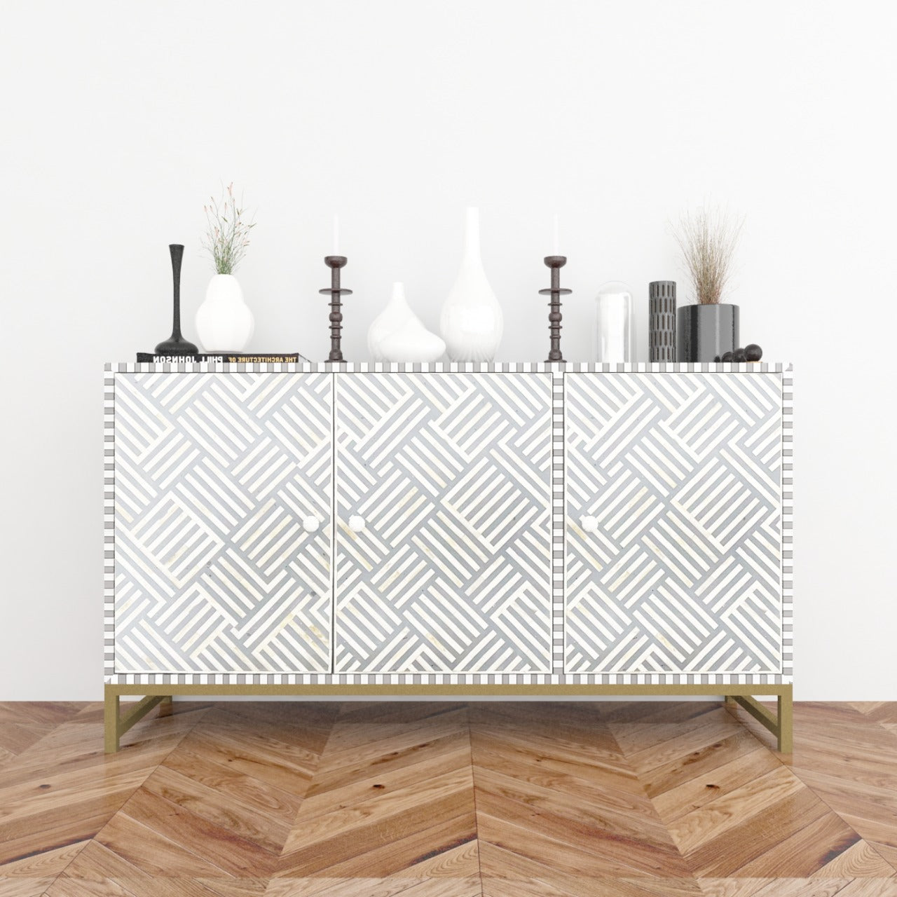 Floral Bone Inlay Light Grey Sideboard