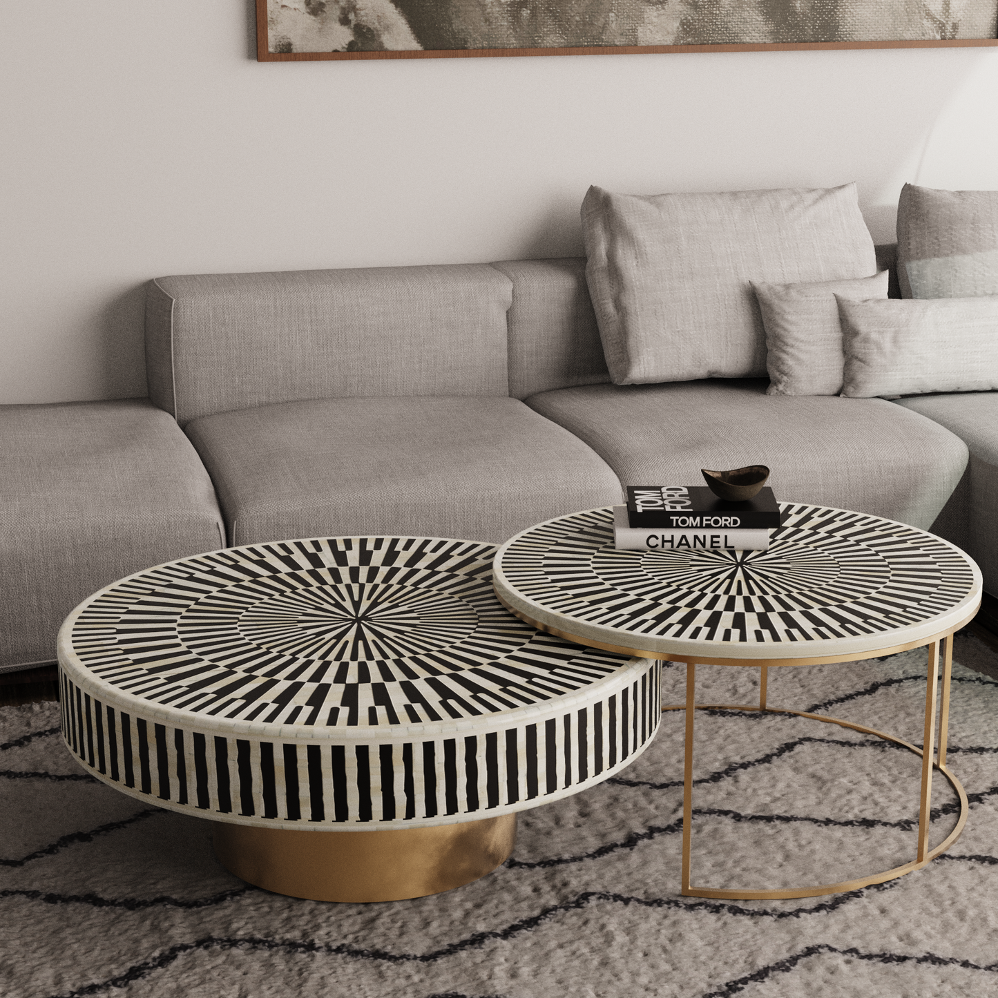 Chevron Charm Black Round Coffee Table set of 2