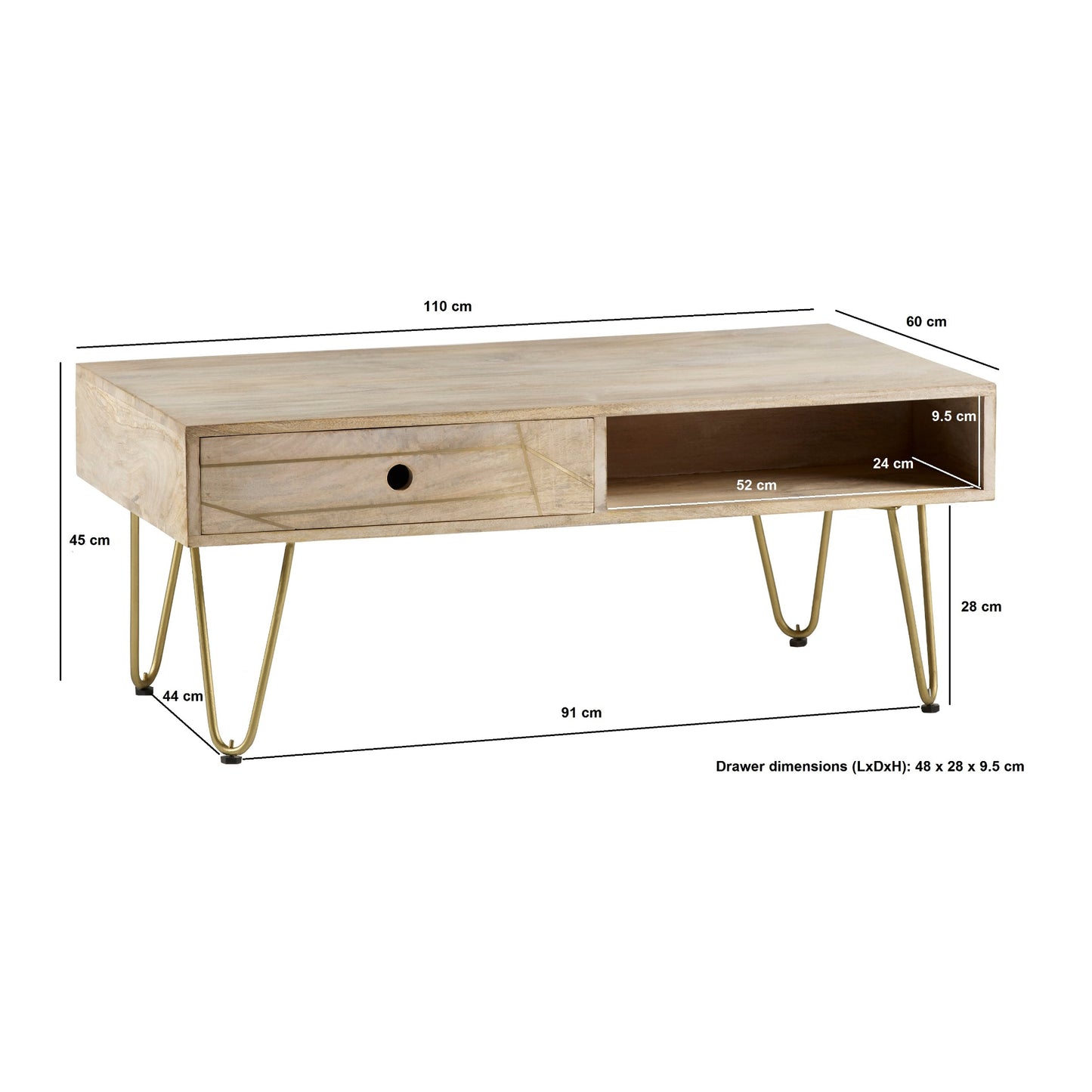 Boston Light Gold Rectangular Coffee Table With Drawer