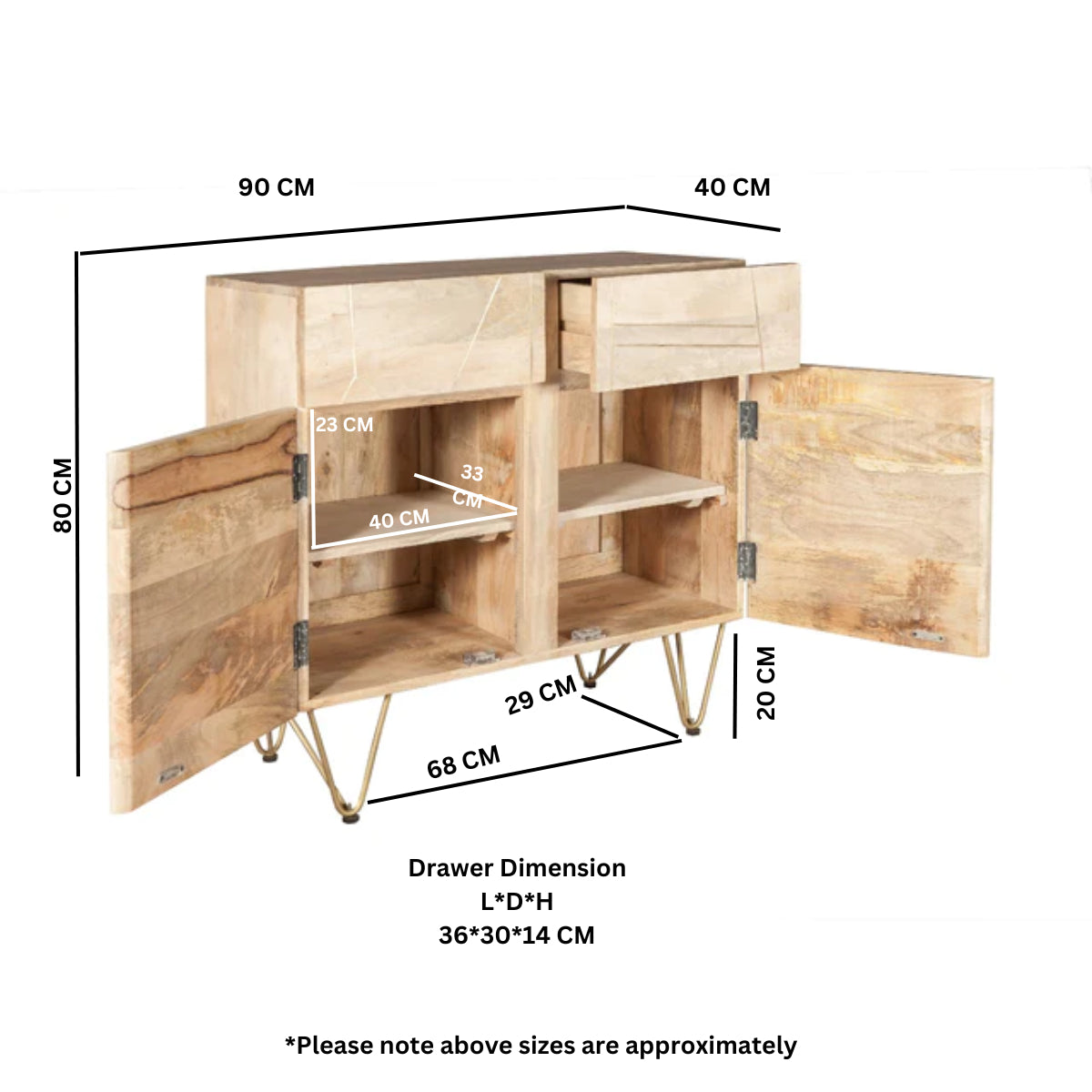 Boston Light Gold 2 Door Medium Sideboard